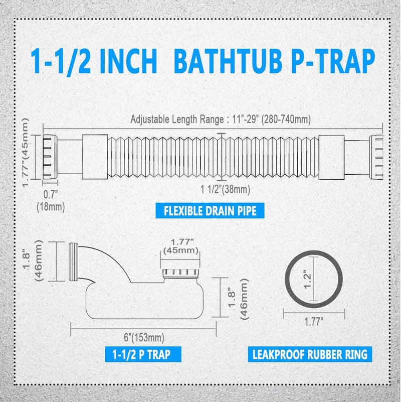 Cinsda Low Profile 1 1/2 P Trap, Flexible Bathtub Shower Drain Pipe, Flat P Trap Freestanding Tub Drain for Bath - Image 2