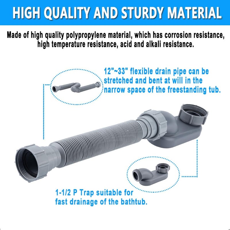 Cinsda Low Profile 1 1/2 P Trap, Flexible Bathtub Shower Drain Pipe, Flat P Trap Freestanding Tub Drain for Bath - Image 4