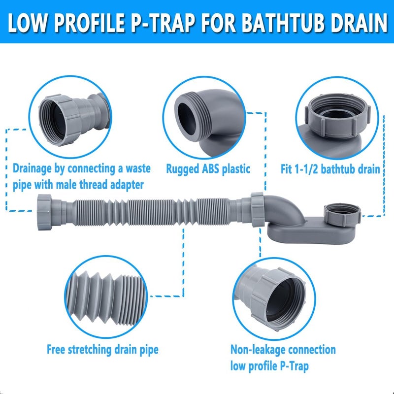 Cinsda Low Profile 1 1/2 P Trap, Flexible Bathtub Shower Drain Pipe, Flat P Trap Freestanding Tub Drain for Bath - Image 3