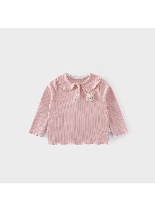 Girls' Cute Base Shirt With Small Left And Right Details, Autumn Korean Style Doll Collar T-shirt, Children's 3d Bunny Top