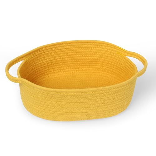 MEGASKET Yellow Woven Basket 13 x 9 x 5 Baskets for Gifts Empty Cute Cotton Rope Cat Dog Toy Bin Box Small Woven Bin for Organizing Yellow Room Decor Nursery Cloth Diaper Storage Organizer - Image 1