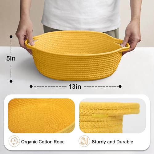MEGASKET Yellow Woven Basket 13 x 9 x 5 Baskets for Gifts Empty Cute Cotton Rope Cat Dog Toy Bin Box Small Woven Bin for Organizing Yellow Room Decor Nursery Cloth Diaper Storage Organizer - Image 3