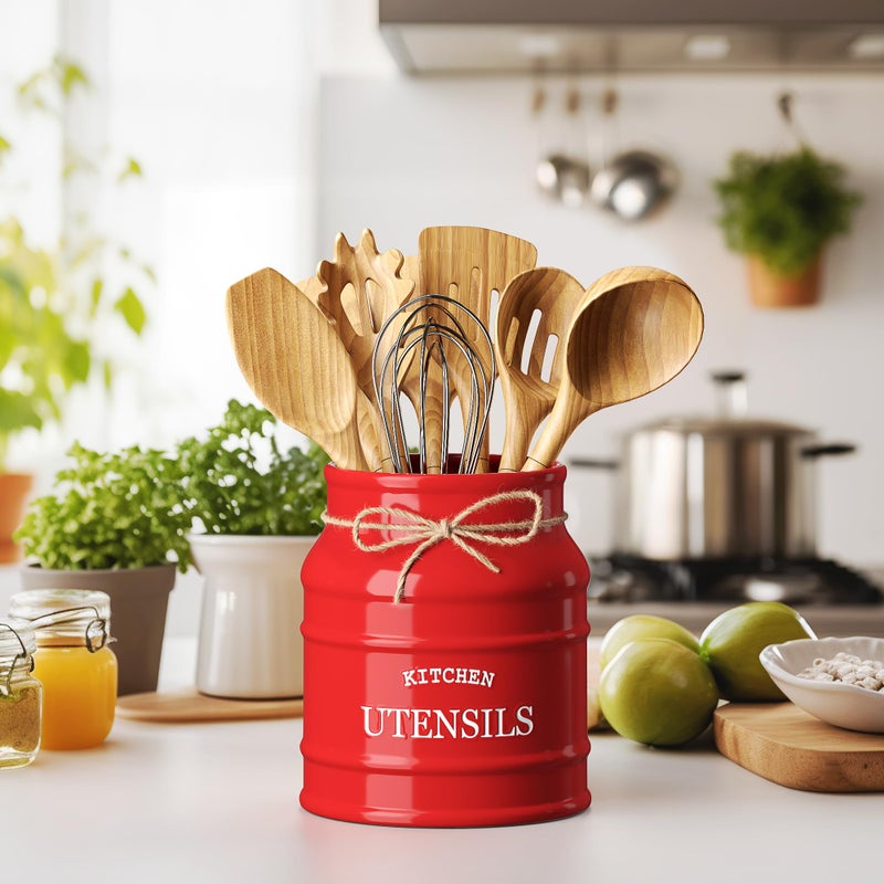 Barnyard Designs Ceramic Farmhouse Utensil Holder for Kitchen Counter, Large Rustic Utensil Crock, Countertop Cooking Tool Spatula Organizer, 6.75â€ (Red) - Image 2