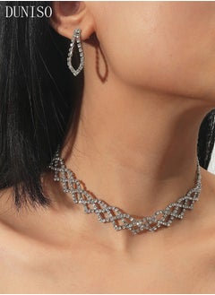 2Piece Necklace and Earrings Set Full Diamond Necklace Crystal Earrings Wedding Bridal Bridesmaid Costume Jewelry Set for Women and Girls Dress Accessories