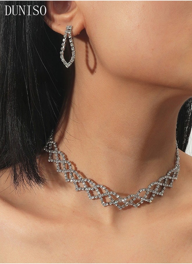 DUNISO - 2Piece Necklace and Earrings Set Full Diamond Necklace Crystal Earrings Wedding Bridal Bridesmaid Costume Jewelry Set for Women and Girls Dress Accessories - Image 1