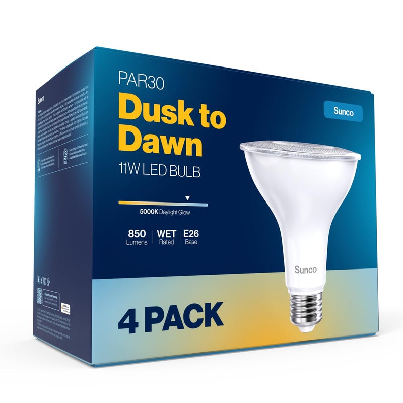 Sunco Lighting Sunco 4 Pack PAR30 LED Dusk to Dawn Light Bulbs, 850 Lumens, 11W, 5000K Daylight, Non-Dimmable, E26, Wet Rated Outdoor Flood Light Bulb with Photocell Sensor, for Porch, Patio, Backyard, UL - Image 1