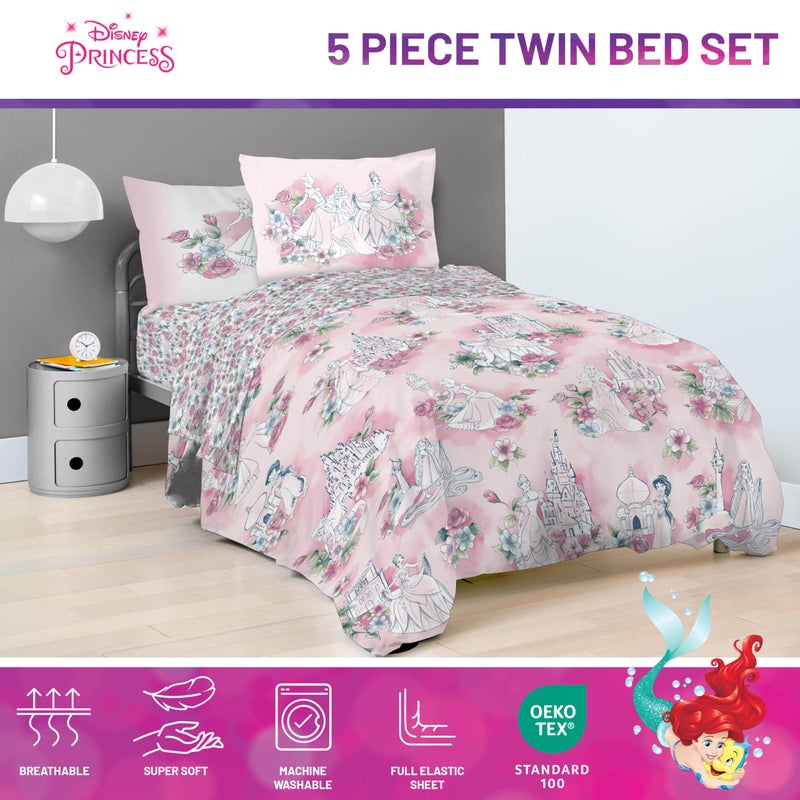 Jay Franco Kids Comforter Set Includes Sheets and Pillow Covers - Soft and Cozy Bed Set for Stylish Room Decor, Pink - Disney Princess, 5 Piece Twin Bedding - Image 4