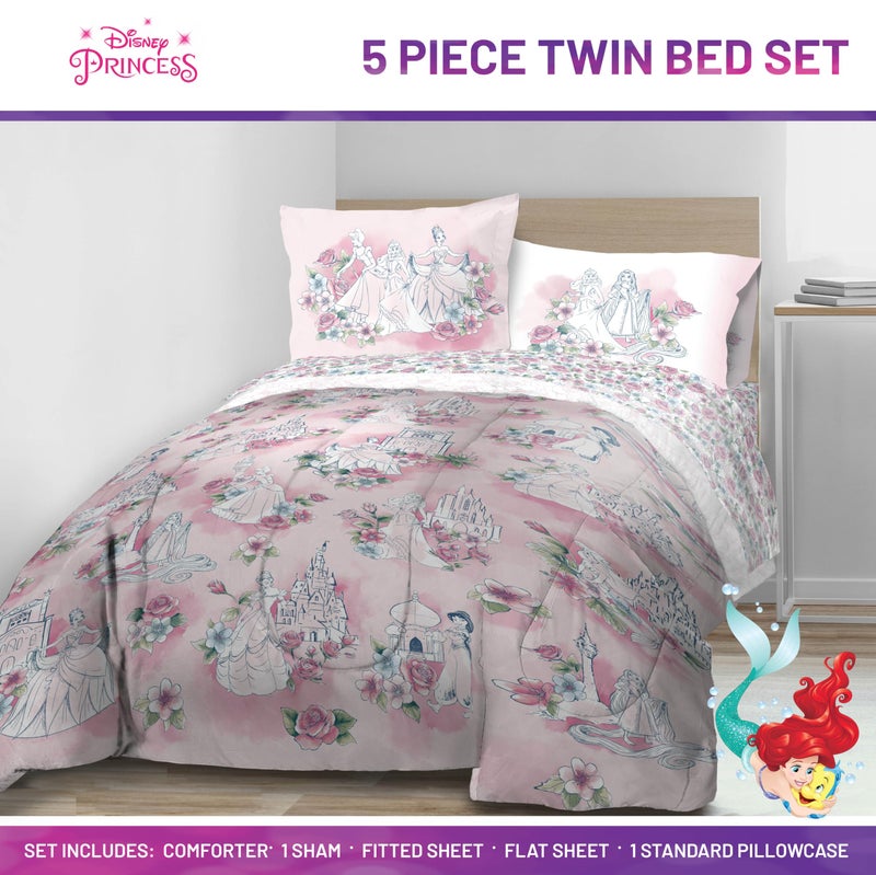 Jay Franco Kids Comforter Set Includes Sheets and Pillow Covers - Soft and Cozy Bed Set for Stylish Room Decor, Pink - Disney Princess, 5 Piece Twin Bedding - Image 2