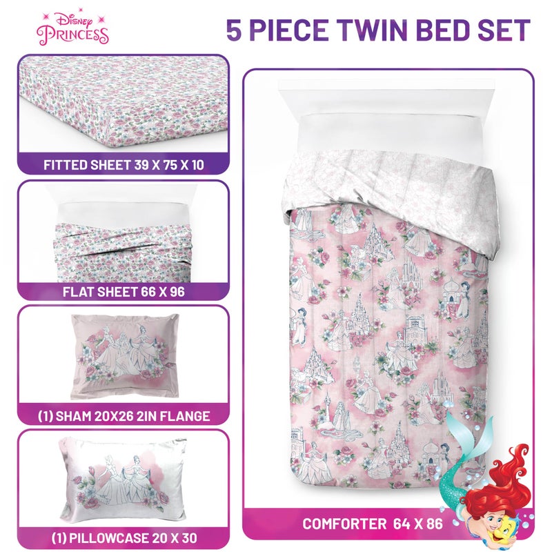 Jay Franco Kids Comforter Set Includes Sheets and Pillow Covers - Soft and Cozy Bed Set for Stylish Room Decor, Pink - Disney Princess, 5 Piece Twin Bedding - Image 3