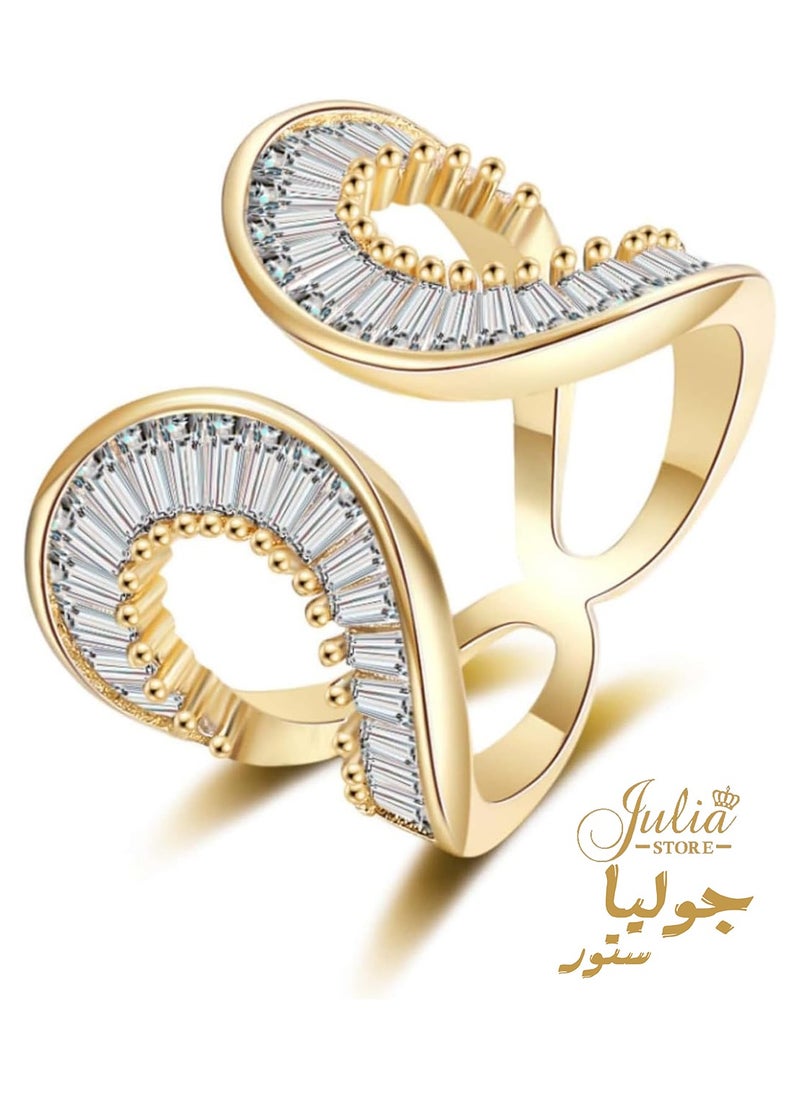 Julia Store - Adjustable 18k Gold Plated CZ Open Baguette & Round Cut Diamond Like Cubic Zirconia Wide Open Band Stacking Finger Rings Minimalist Cute Statement Ring - Image 1