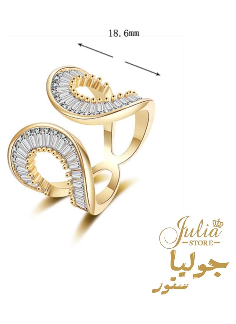 Julia Store - Adjustable 18k Gold Plated CZ Open Baguette & Round Cut Diamond Like Cubic Zirconia Wide Open Band Stacking Finger Rings Minimalist Cute Statement Ring - Image 1