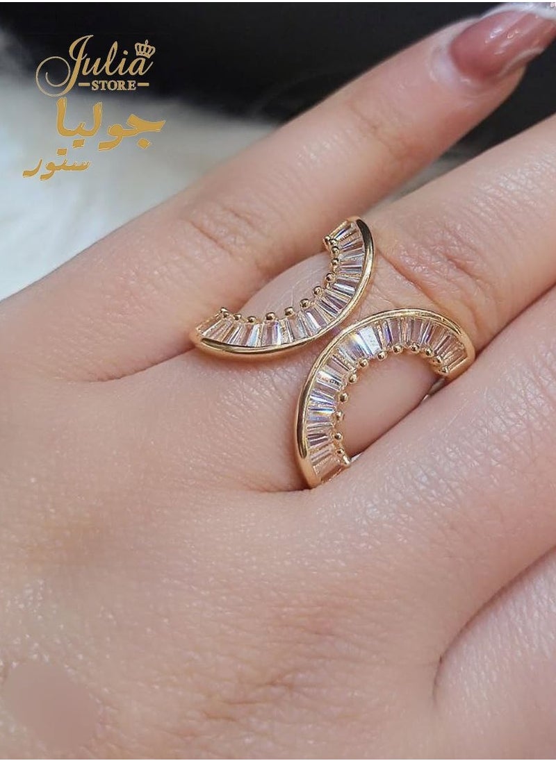 Julia Store - Adjustable 18k Gold Plated CZ Open Baguette & Round Cut Diamond Like Cubic Zirconia Wide Open Band Stacking Finger Rings Minimalist Cute Statement Ring - Image 1