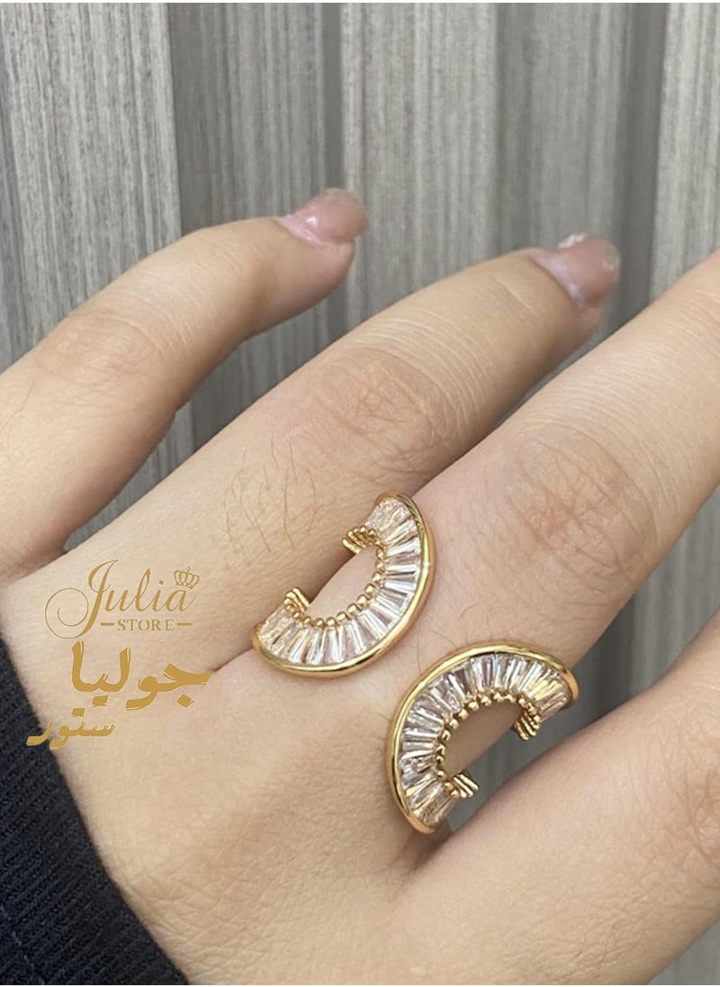 Julia Store - Adjustable 18k Gold Plated CZ Open Baguette & Round Cut Diamond Like Cubic Zirconia Wide Open Band Stacking Finger Rings Minimalist Cute Statement Ring - Image 1