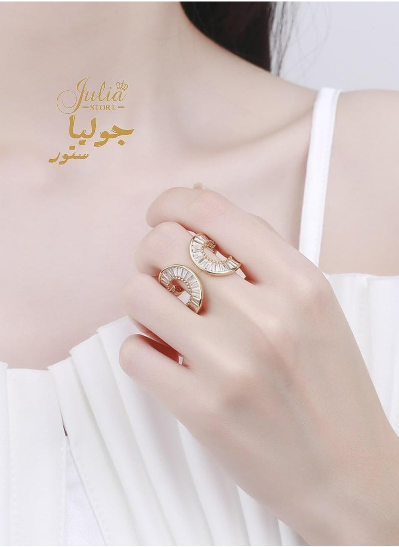 Julia Store - Adjustable 18k Gold Plated CZ Open Baguette & Round Cut Diamond Like Cubic Zirconia Wide Open Band Stacking Finger Rings Minimalist Cute Statement Ring - Image 1