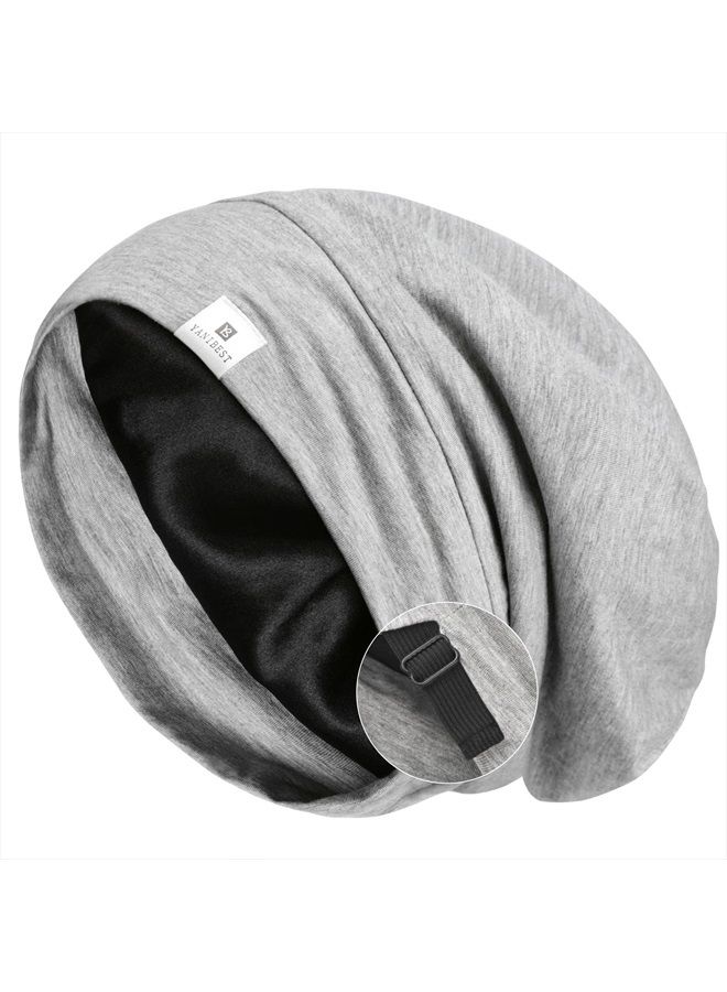 YANIBEST Silk Satin Bonnet Hair Cover Sleep Cap - Light Grey Adjustable Stay on Silk Lined Slouchy Beanie Hat for Night Sleeping - Image 1