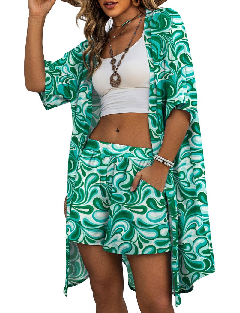 REDHOTYPE Womens Vacation Outfits Hawaiian Style 2 Piece Sets Colorful Print Long Cover Ups Half Sleeve Shorts Set Beach Dresses Green 01,L - Image 1