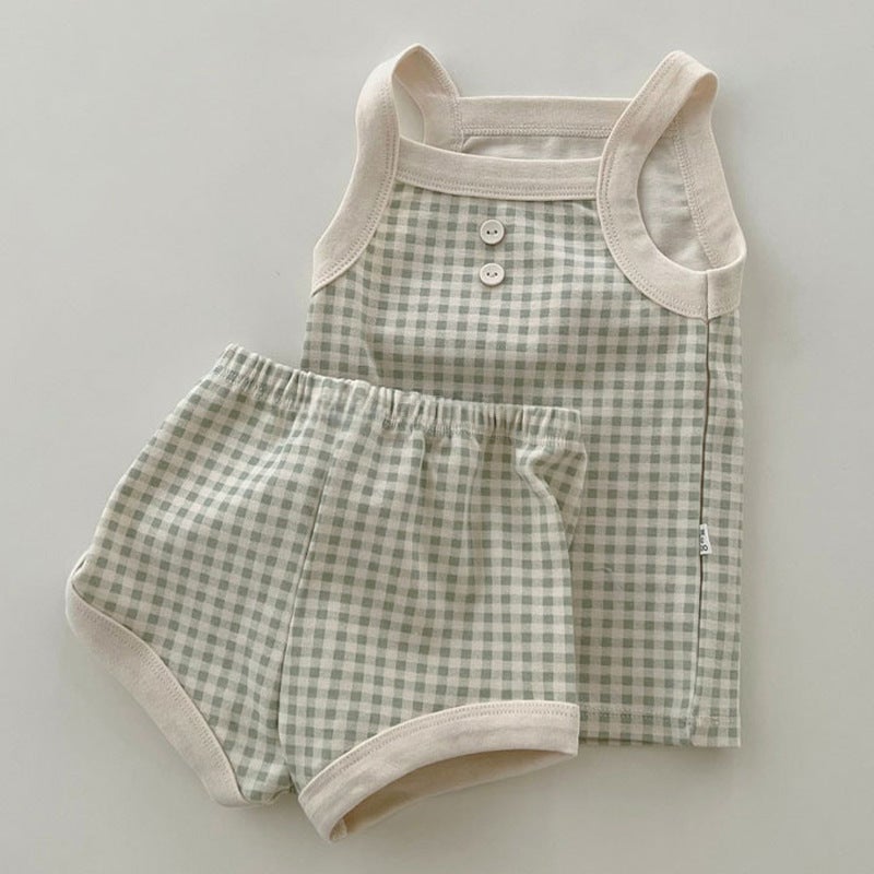 Summer Cotton Baby Vest and Shorts Set CHECK GREEN 