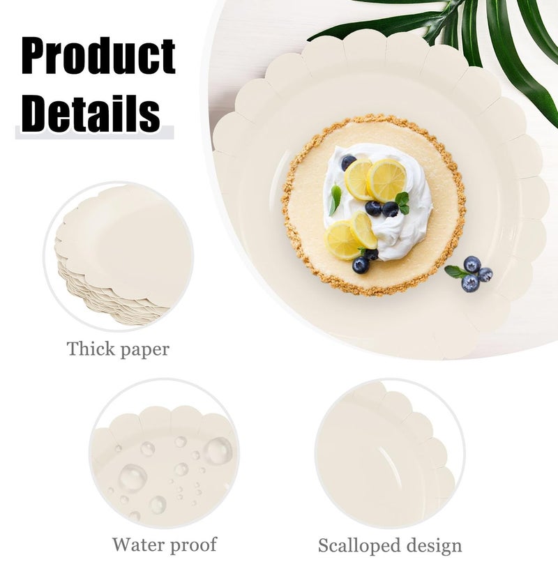 HEIPINIUYE 50 Pcs Ivory Scalloped Paper Plates 9 Inches Disposable Paper Party Plates for Cake Dessert Baby Shower Wedding Birthday Party Supplies - Image 2