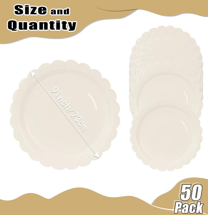 HEIPINIUYE 50 Pcs Ivory Scalloped Paper Plates 9 Inches Disposable Paper Party Plates for Cake Dessert Baby Shower Wedding Birthday Party Supplies - Image 1