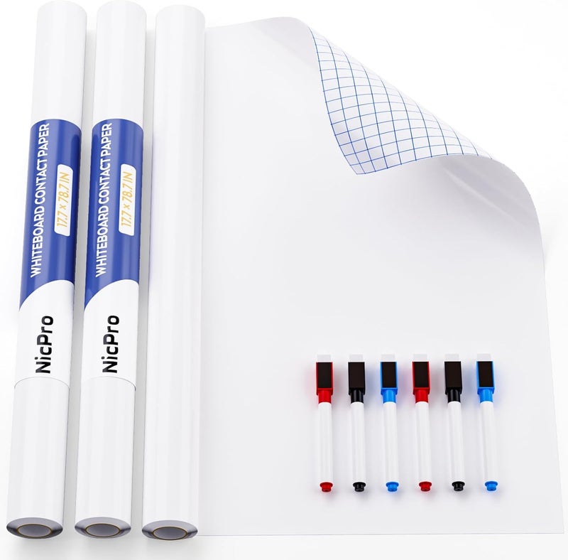 Nicpro 2 Pack Dry Erase Whiteboard Sticker Wall Decal, 17.7" X 78.7"(6.5 ft) Self-Adhesive White Board Peel Stick Paper to Do List with 6PCS Water-Based Pens for School, Office, Home, Kids Drawing - Image 1