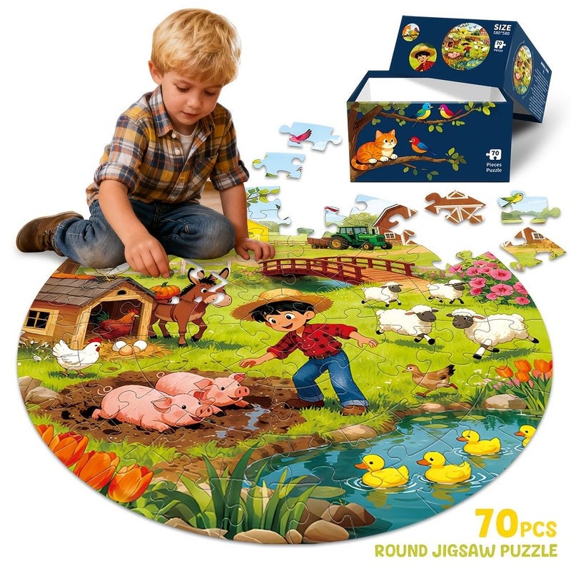 1box 70pcs Farm Floor Puzzle For Kids 22.8 Inch Large Round Jigsaw Animals Tractor Scene Educational Learning Toy Gifts For Children Birthday Back To School Thanksgiving - Image 1