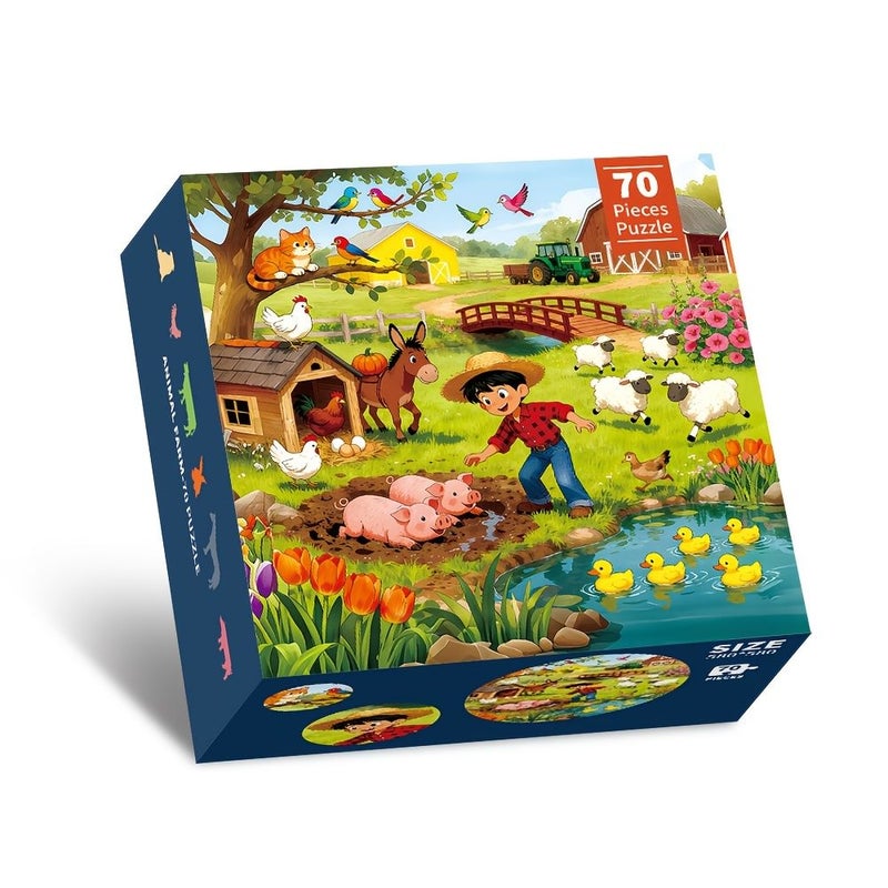 1box 70pcs Farm Floor Puzzle For Kids 22.8 Inch Large Round Jigsaw Animals Tractor Scene Educational Learning Toy Gifts For Children Birthday Back To School Thanksgiving - Image 3