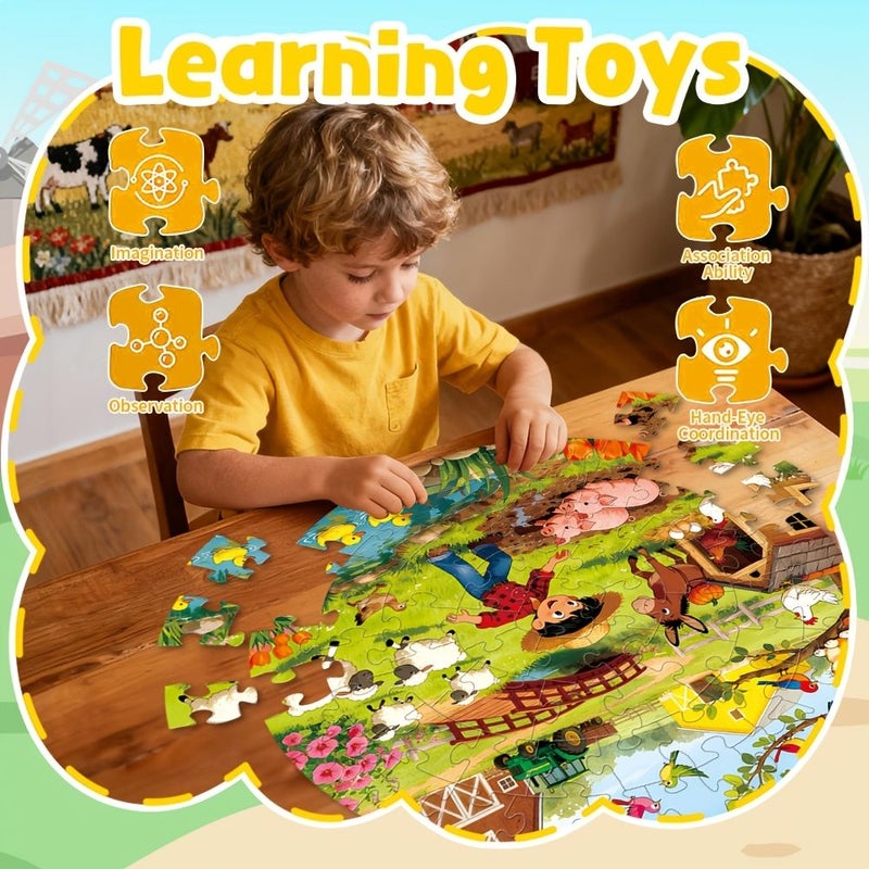 1box 70pcs Farm Floor Puzzle For Kids 22.8 Inch Large Round Jigsaw Animals Tractor Scene Educational Learning Toy Gifts For Children Birthday Back To School Thanksgiving - Image 4