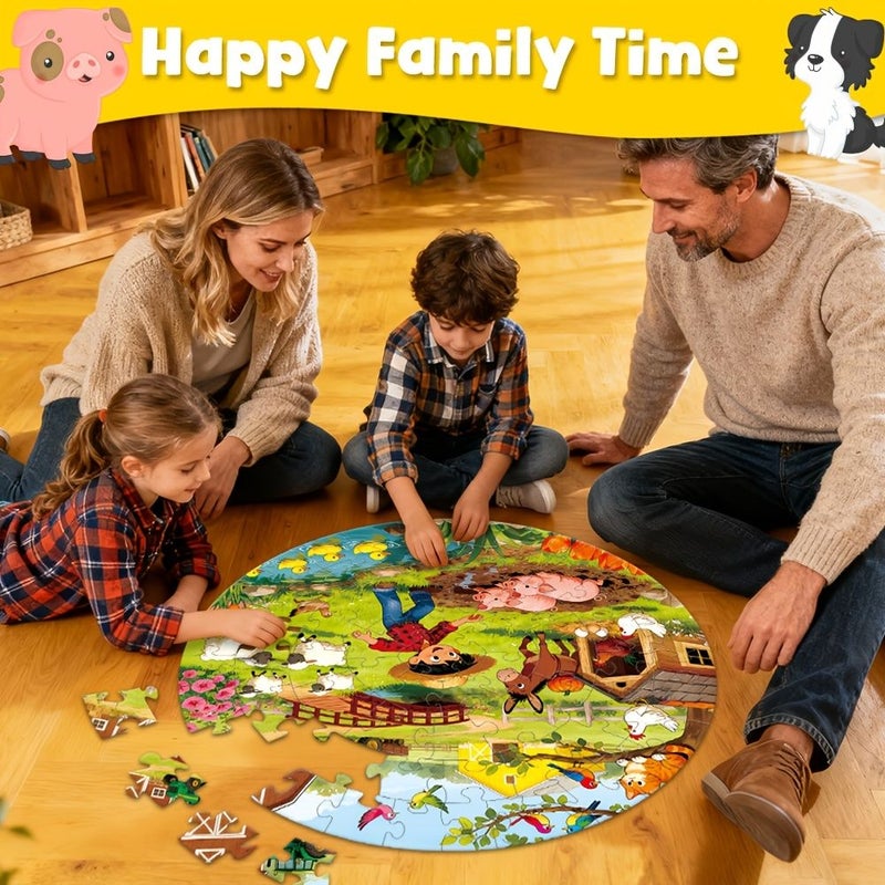 1box 70pcs Farm Floor Puzzle For Kids 22.8 Inch Large Round Jigsaw Animals Tractor Scene Educational Learning Toy Gifts For Children Birthday Back To School Thanksgiving - Image 5