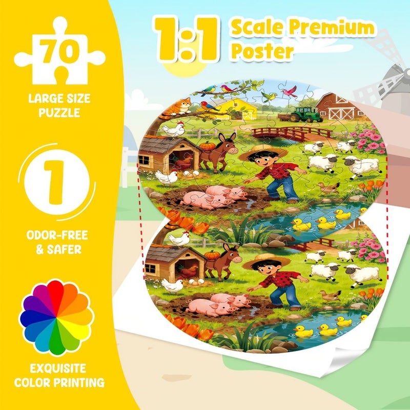 1box 70pcs Farm Floor Puzzle For Kids 22.8 Inch Large Round Jigsaw Animals Tractor Scene Educational Learning Toy Gifts For Children Birthday Back To School Thanksgiving - Image 2