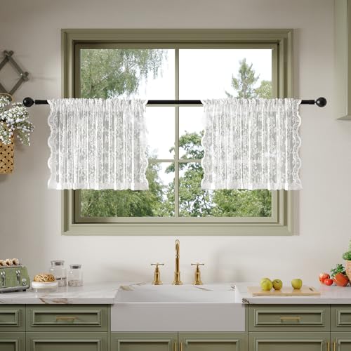 Anmao Vintage Lace Valance Kitchen Curtains 18 Inches Long 2 Panels Semi Sheer Floral Over Sink Lacy Cafe Curtain Elegant Window Short Small Drapes 55W x 18L White Plum - Image 1