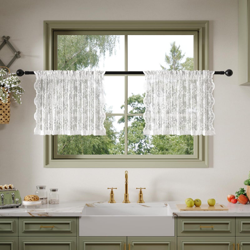 Anmao Vintage Lace Valance Kitchen Curtains 18 Inches Long 2 Panels Semi Sheer Floral Over Sink Lacy Cafe Curtain Elegant Window Short Small Drapes 55W x 18L White Plum - Image 2
