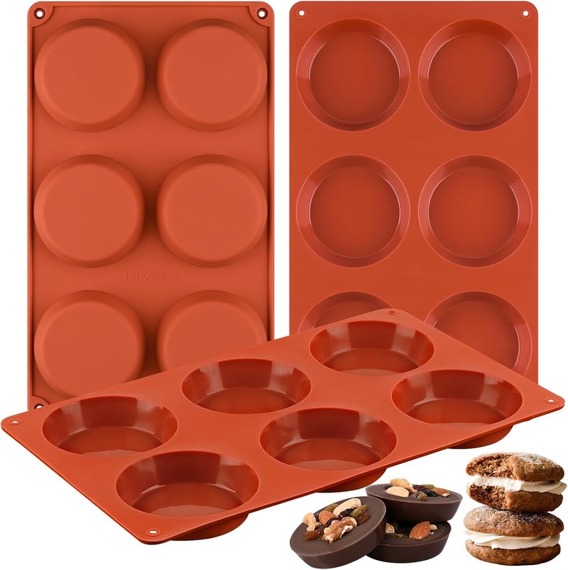 Sakolla 3 Pack Muffin Top Pans, 6 Cavities Silicone Egg Molds for Breakfast Sandwiches, Whoopie Pies, Hamburger Bun, English Muffins, Tarts, Corn Bread (Brick Red) - Image 1
