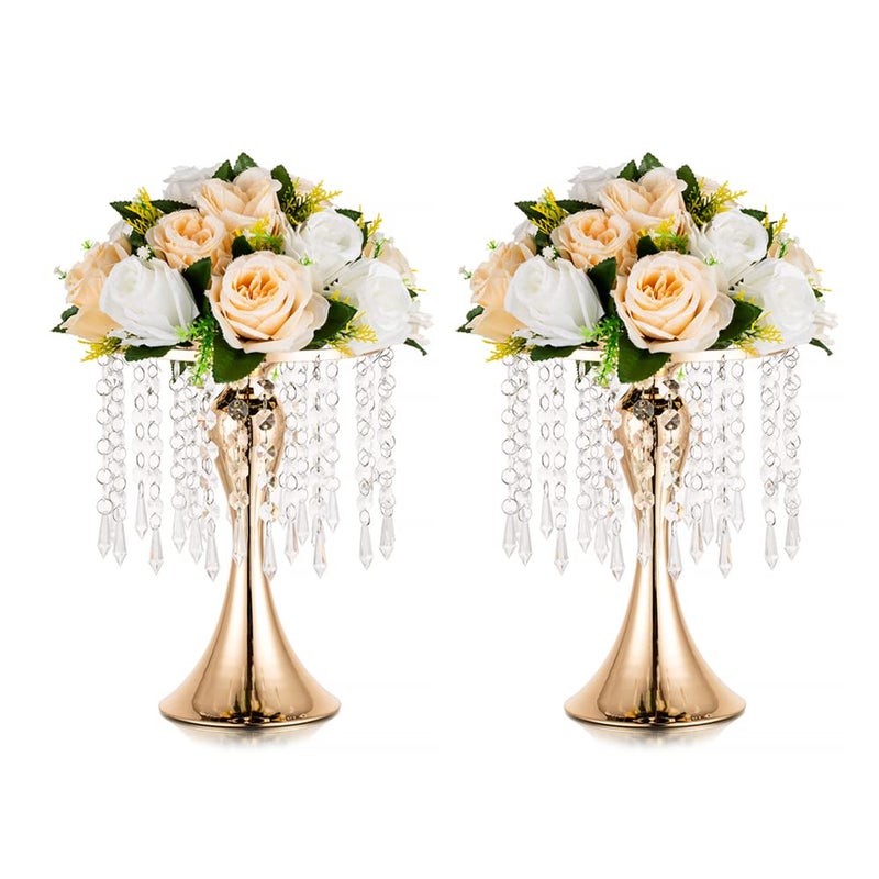 Inweder Gold Vases for Centerpieces, 10.2in Crystal Flower Arrangement Stand, Wedding Centerpieces for Tables, Tall Metal Flower Vase Holders for Wedding, Event, Reception, Birthday, Home Decor, 2 Pcs - Image 1