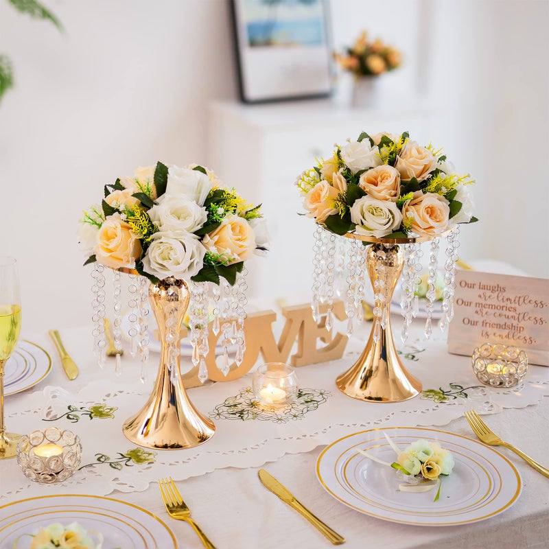 Inweder Gold Vases for Centerpieces, 10.2in Crystal Flower Arrangement Stand, Wedding Centerpieces for Tables, Tall Metal Flower Vase Holders for Wedding, Event, Reception, Birthday, Home Decor, 2 Pcs - Image 2