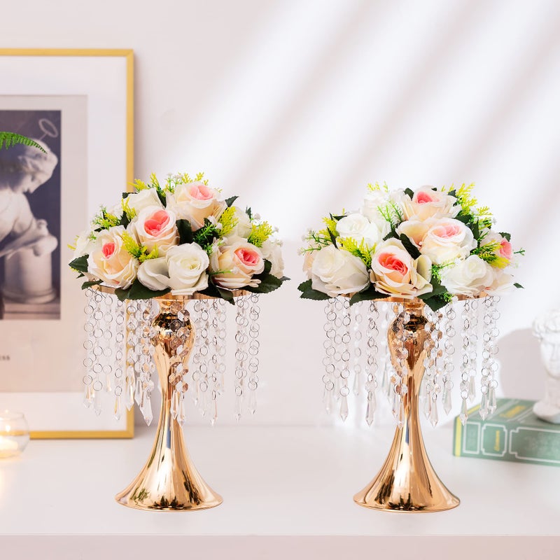 Inweder Gold Vases for Centerpieces, 10.2in Crystal Flower Arrangement Stand, Wedding Centerpieces for Tables, Tall Metal Flower Vase Holders for Wedding, Event, Reception, Birthday, Home Decor, 2 Pcs - Image 4