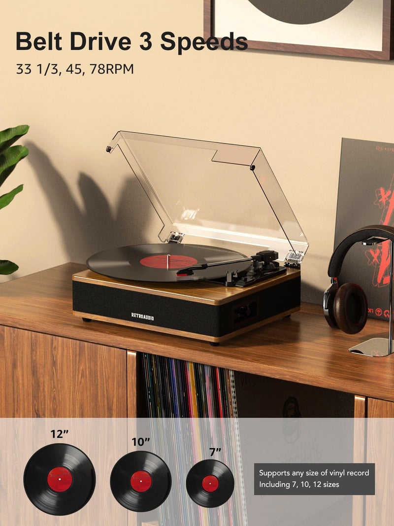 RetroAudio Vinyl Record Player Bluetooth Turntable with Built in Stereo Speakers Belt Drive 3 Speeds Vintage Turntables for Vinyl Records Support RCA Output, Aux in, Auto Stop, Light Walnut - Image 2