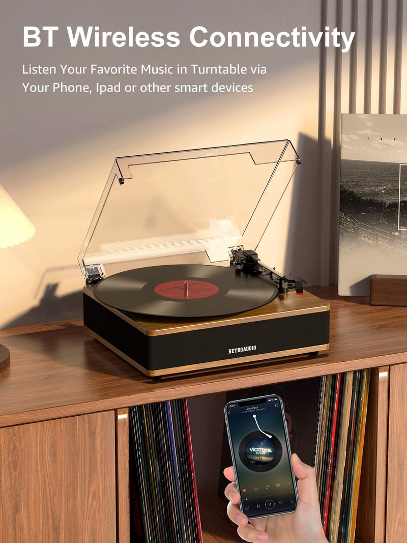 RetroAudio Vinyl Record Player Bluetooth Turntable with Built in Stereo Speakers Belt Drive 3 Speeds Vintage Turntables for Vinyl Records Support RCA Output, Aux in, Auto Stop, Light Walnut - Image 4