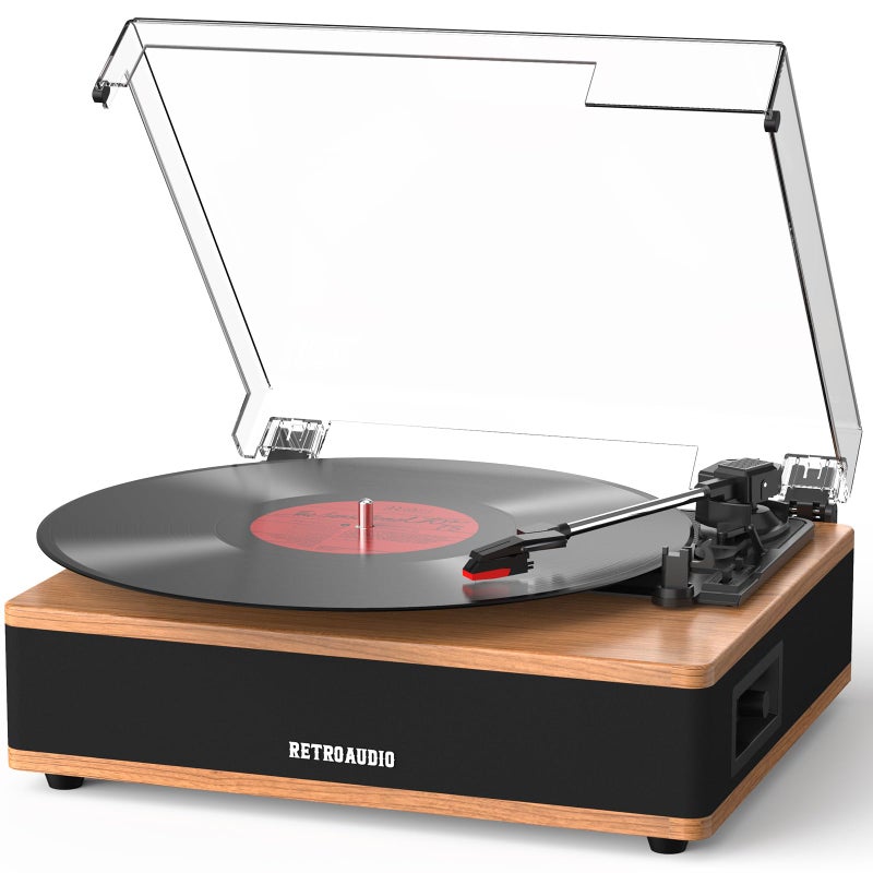 RetroAudio Vinyl Record Player Bluetooth Turntable with Built in Stereo Speakers Belt Drive 3 Speeds Vintage Turntables for Vinyl Records Support RCA Output, Aux in, Auto Stop, Light Walnut - Image 1