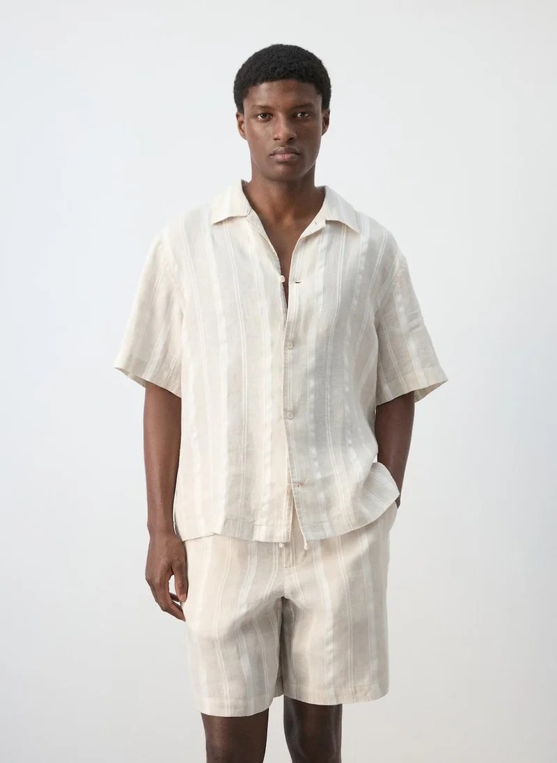 Mango Man Striped linen shirt with bowling collar