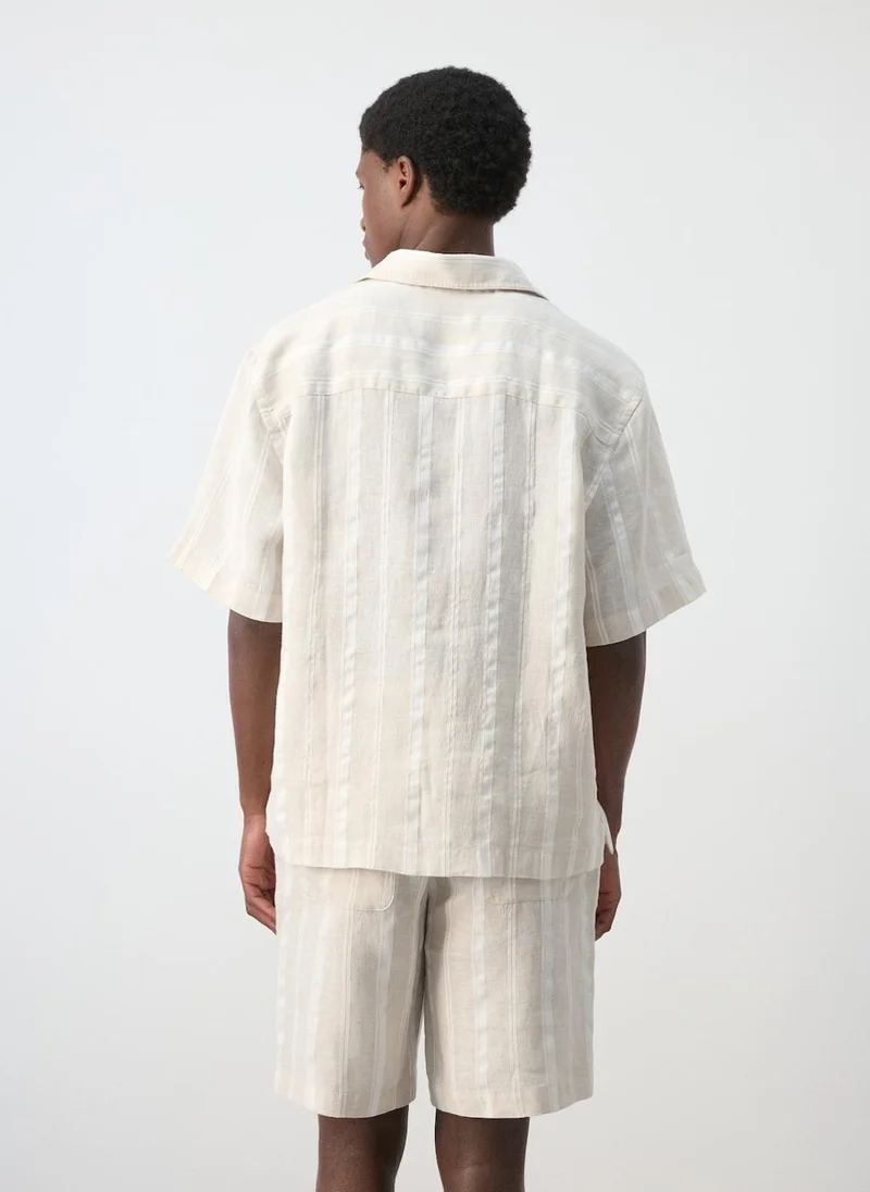 Mango Man Striped linen shirt with bowling collar