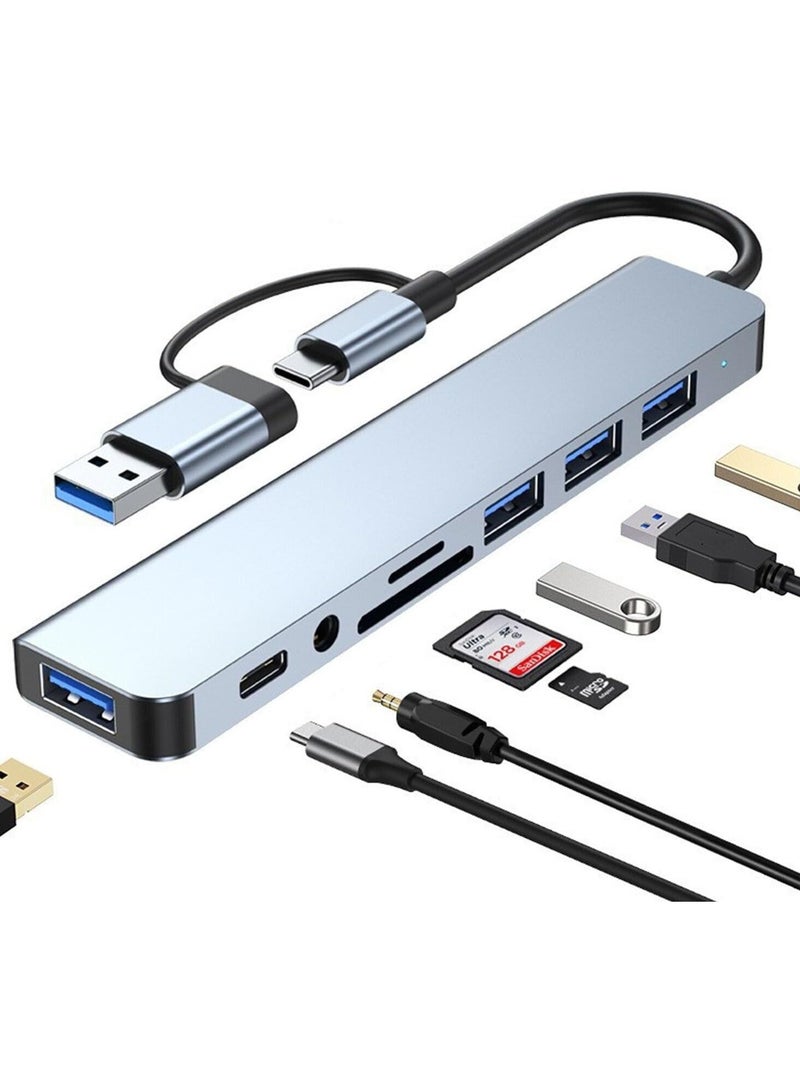 USB C Hub USB Hub 3.0, Aluminum 8 in 1 USB Splitter with 1 x USB 3.0, 3 x USB 2.0 and 1 x USB C, SD/TF Card Reader, 3.5mm Aux Ports for MacBook Pro Air and More PC/Laptop/Tablet Devices - Image 1