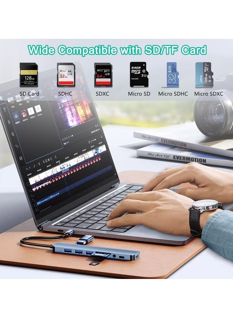 USB C Hub USB Hub 3.0, Aluminum 8 in 1 USB Splitter with 1 x USB 3.0, 3 x USB 2.0 and 1 x USB C, SD/TF Card Reader, 3.5mm Aux Ports for MacBook Pro Air and More PC/Laptop/Tablet Devices - Image 5