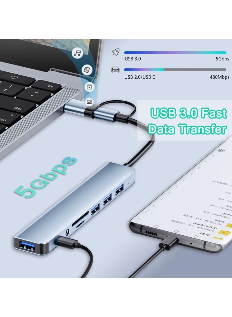 USB C Hub USB Hub 3.0, Aluminum 8 in 1 USB Splitter with 1 x USB 3.0, 3 x USB 2.0 and 1 x USB C, SD/TF Card Reader, 3.5mm Aux Ports for MacBook Pro Air and More PC/Laptop/Tablet Devices - Image 4