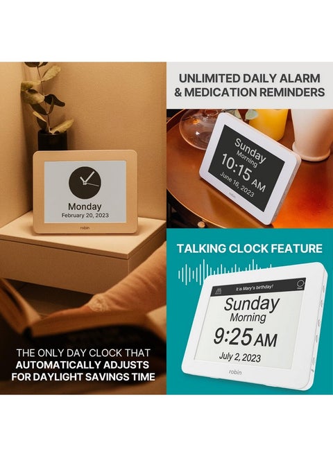 Robin Clock 2024 with Day and Date for Elderly, Clocks for Seniors, Dementia Clock, Digital Calendar Clock Elderly, Bedside Clocks Seniors, Alzheimers Products, Dementia Clocks Extra Large, White