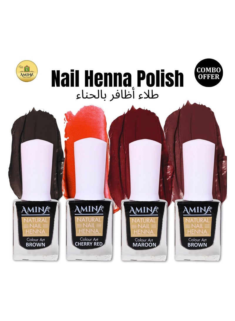 Amina Instant Nail Henna Polish Combo Of Dark Brown, Cherry Red, Maroon & Black Color Mehendi Bottle | Vegan & Halal Nail Polish For Women & Girls | Without Chemicals | Long Lasting | Ready To Use  Stain | (10 ml x Pack Of 4) - Image 1