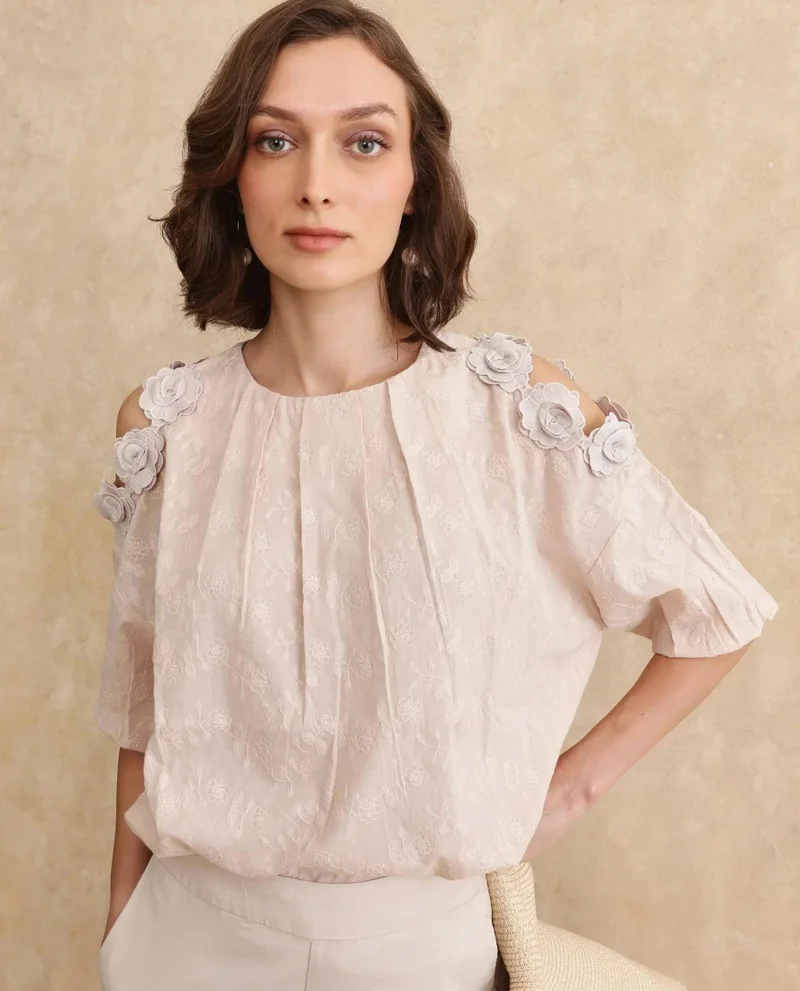Rareism Women's Cold Shoulders Top With Flower Lace