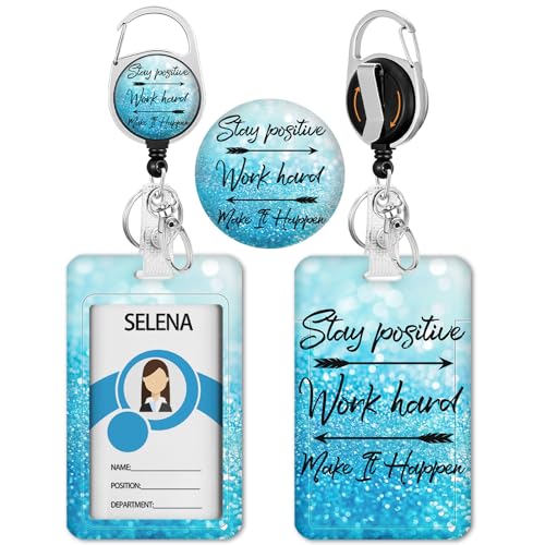 lebrocoli Blue Id Badge Holder, Badge Reel Retractable Keychain, Positive Card Holder with Carabiner Clip Heavy Duty, Id Name Tag Badge Case Protector Cover for Office Work Nurse Teacher Women Student Gifts - Image 1