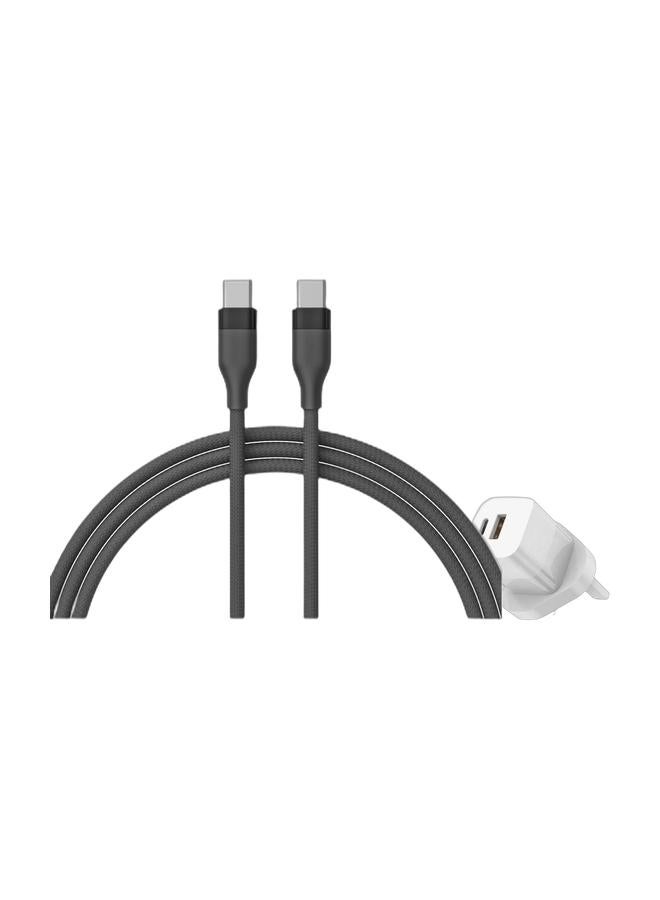 EKR كابل شحن سريع مضفر من EKR، ١٠٠ واط، من USB-C إلى USB-C | ٢ متر | شريحة Emark | نقل بيانات عالي السرعة - أسود ومحول طاقة EKR، ٣٣ واط، GaN Type-C + USB-A، شاحن سريع لأجهزة iPhone 13/14/15/16/17، Samsung Galaxy، Pixel، iPad، AirPods، WhiteBundle - Image 1