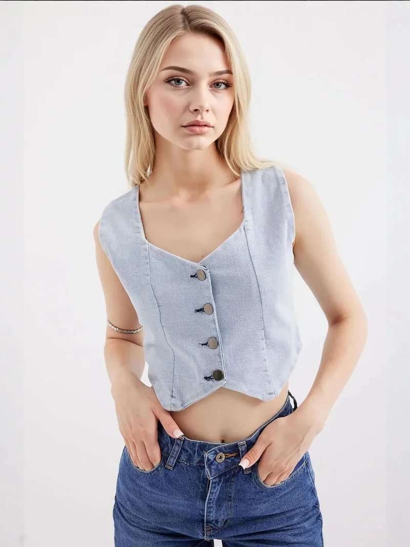 Big Dart Maya Blue BDART Fitted Denim Waistcoat with Square Collar for Women | Best Price UAE