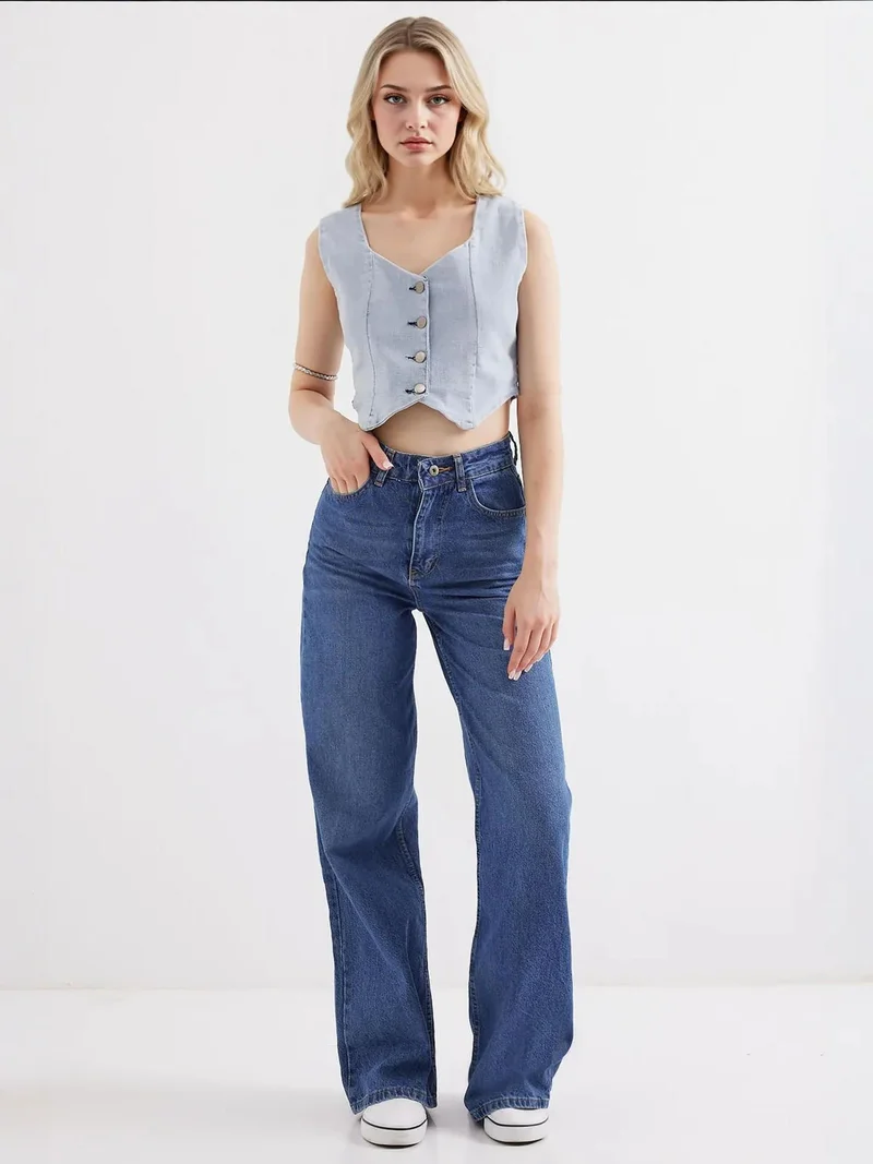 Big Dart Maya Blue BDART Fitted Denim Waistcoat with Square Collar for Women | Best Price UAE